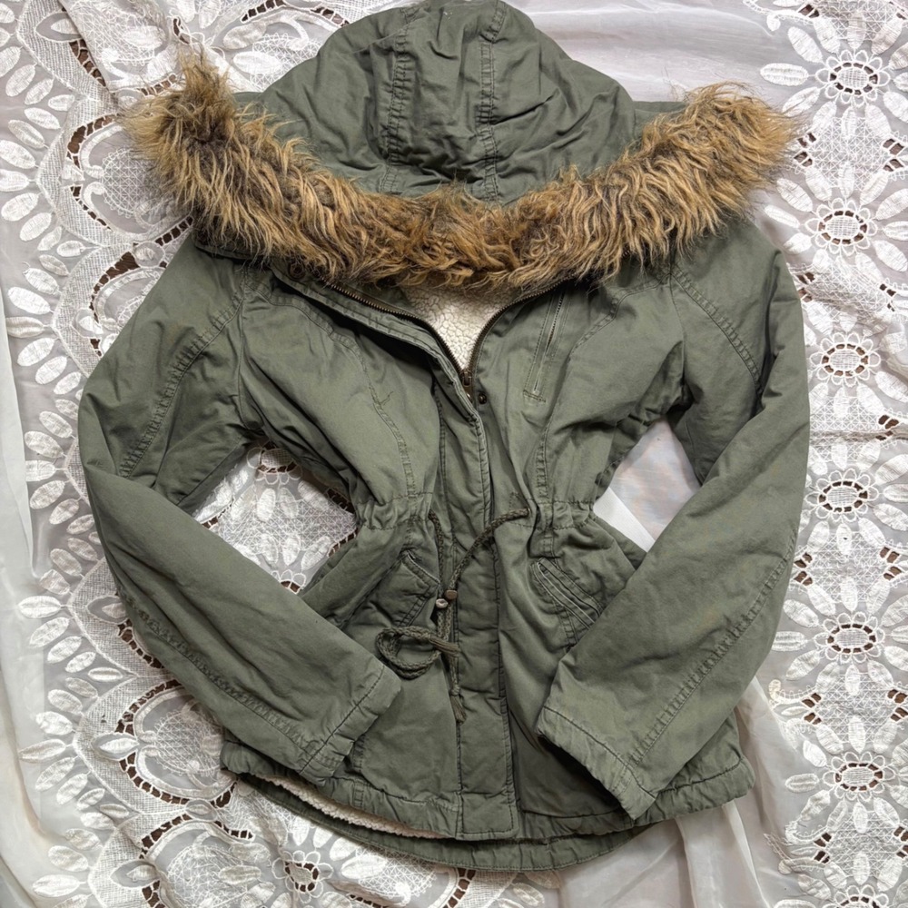 Y2K Grunge Olive Green Faux Fur Hooded Sherpa Lined Utility Parka Jacket Size M